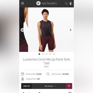 Lululemon Black Cinch Me Up Front Tank